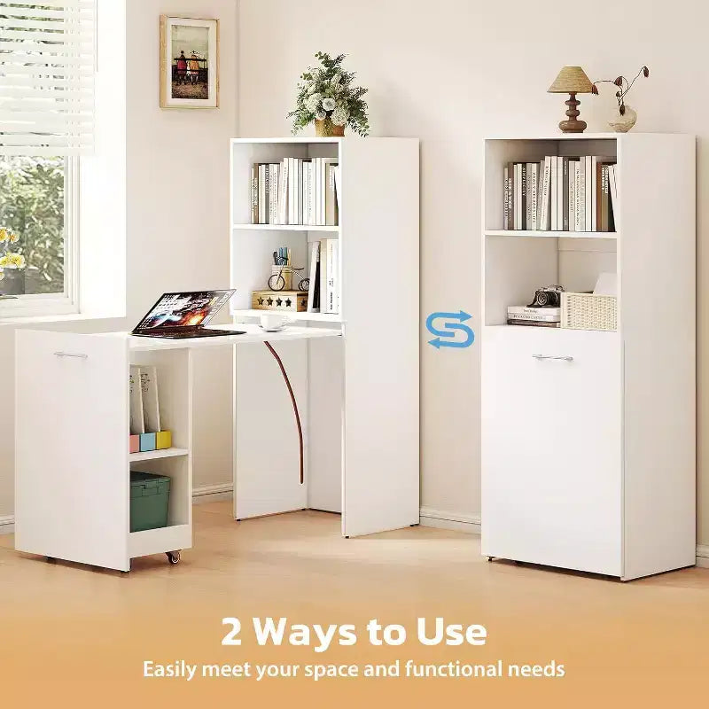 MooxvMoo Ausziehbarer Schreibtisch mit Ablageflächen und Rollen, klappbarer Computertisch für kleine Wohnungen und Home Offices, Weiß