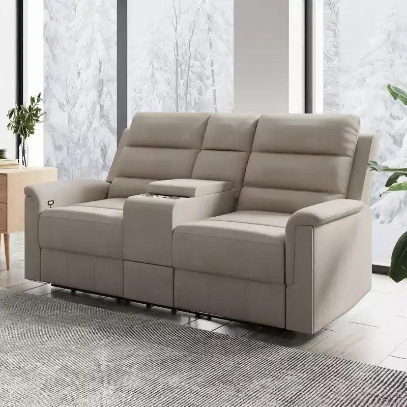 Beige/Graues 2-Sitzer Sofa mit Relaxfunktion aus Tech-Stoff, verstellbare Rückenlehne & Fußstütze