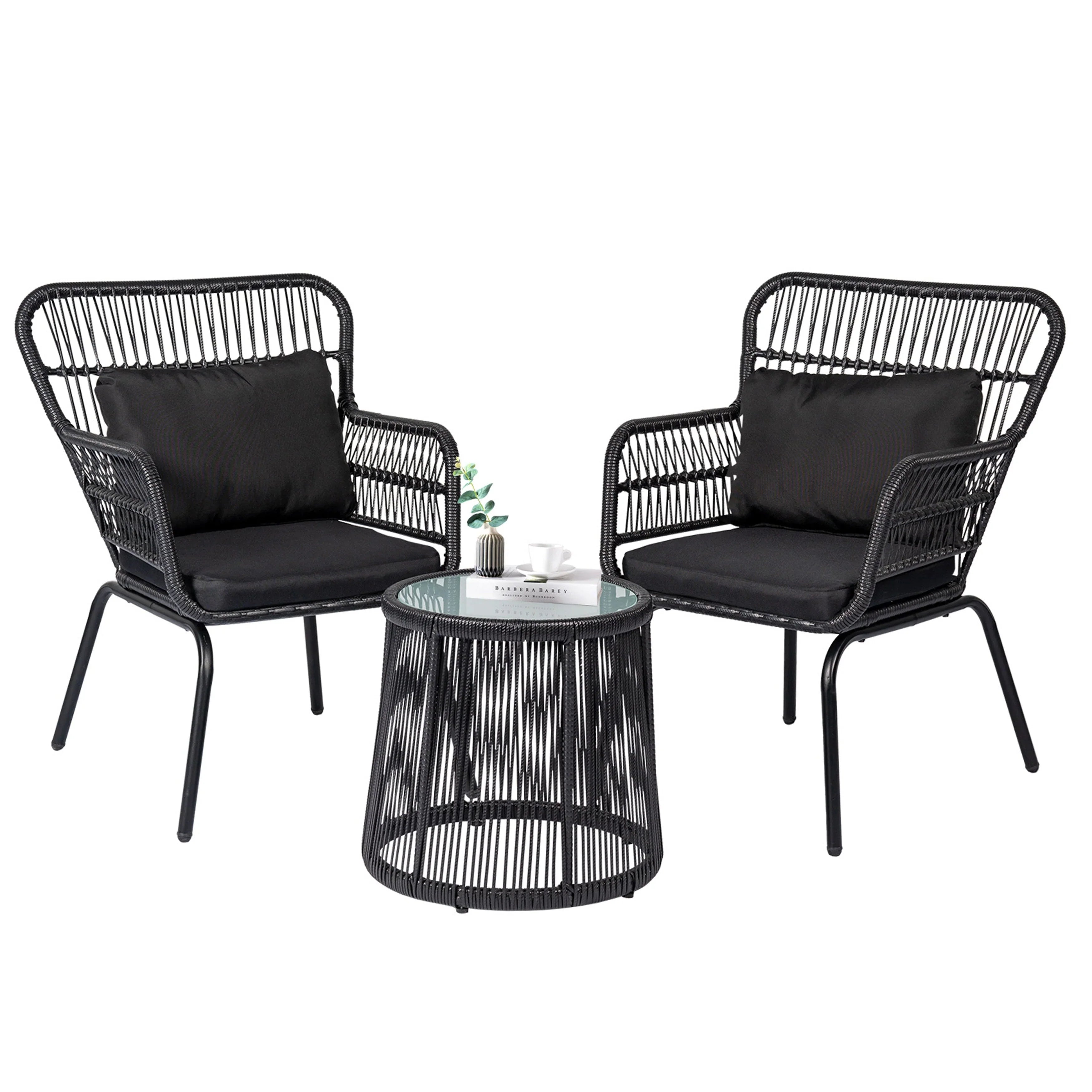 3-teiliges Outdoor-Bistro-Set aus Korbstühlen, witterungsbeständige Rattanmöbel-Sitzgruppe mit Kissen