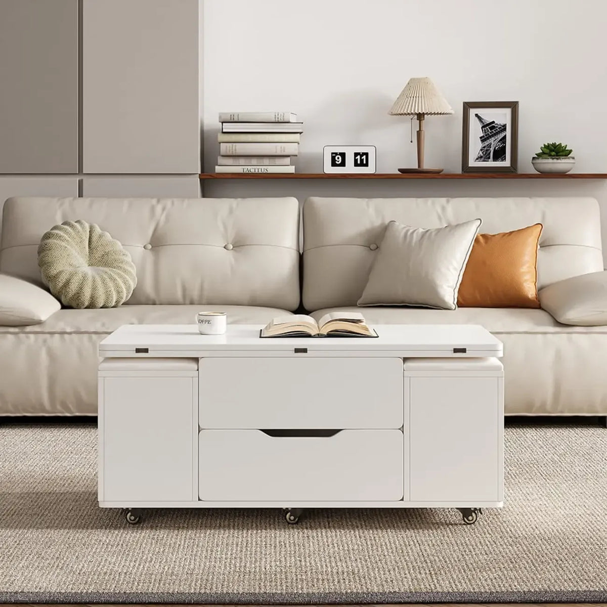 Klappbarer Couchtisch mit Liftfunktion, 4 Hockern und Stauraum