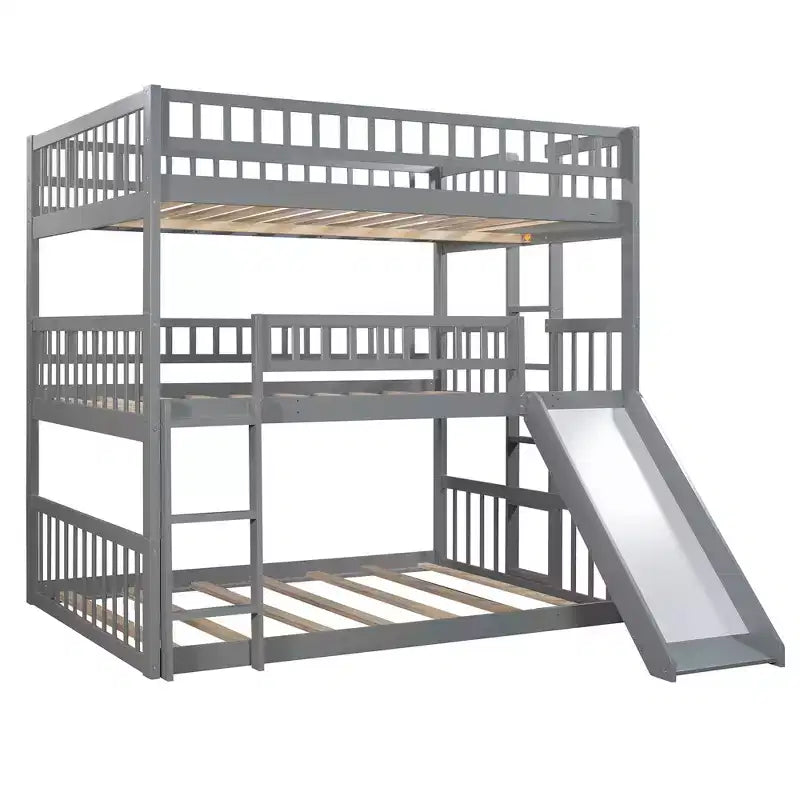 Doppelstockbett mit drei Etagen, Full-Size-Betten, umwandelbarer Leiter und Rutsche, Dreibettbett mit Schutzgeländern, Weiß/Grau/Espresso – ModernLuxe