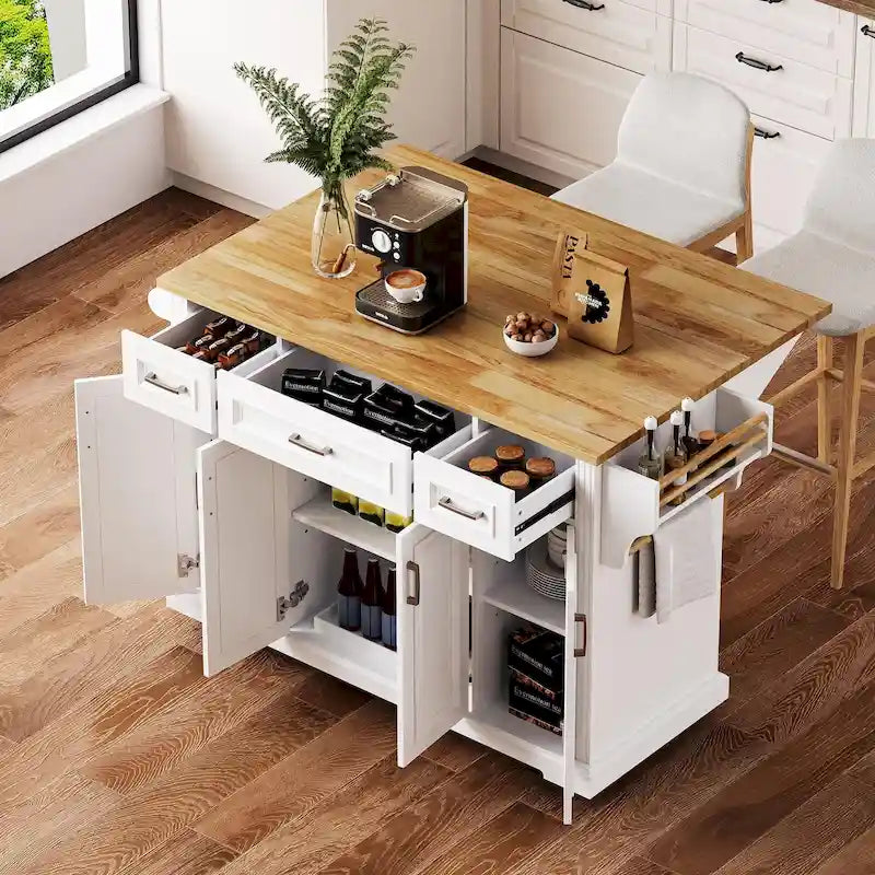 Große Kücheninsel mit Holzklapptisch, geprägter Rollküchenwagen mit Türen und Schubladen mit Stauraum für die Küche, Weiß