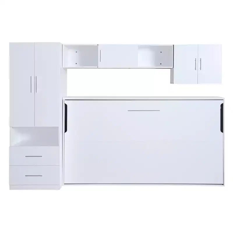 Murphy-Bettrahmen in Einzelbettgröße, Holzschrankbett mit integriertem Kleiderschrank, Aufbewahrungsschubladen und offenen Regalen, Weiß – ModernLuxe
