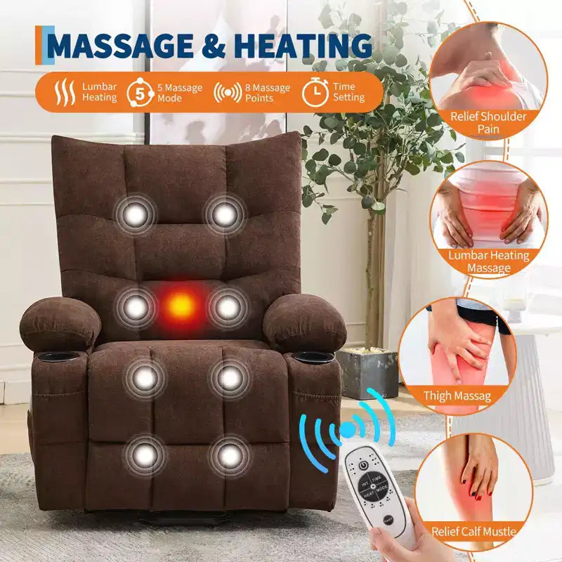 Elektrischer Aufstehsessel für Senioren mit Massage und Heizung, überdimensionierter Massage- und Wärmesessel mit weicher Polsterung, Seitentasche und Getränkehaltern