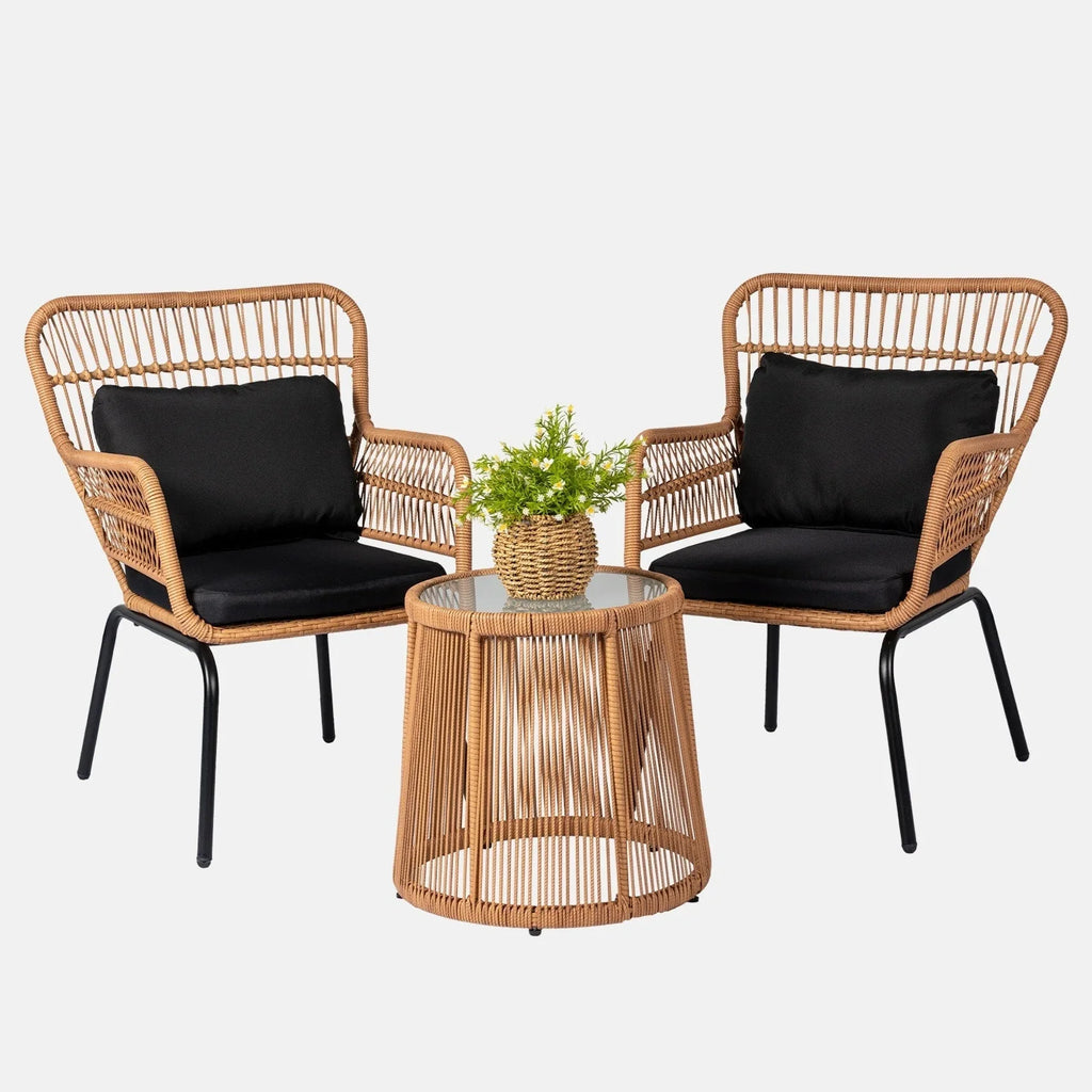 3-teiliges Outdoor-Bistro-Set aus Korbstühlen, witterungsbeständige Rattanmöbel-Sitzgruppe mit Kissen