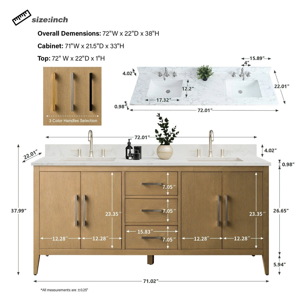 Vanity Art 72 Zoll Badezimmer-Waschtischunterschrank mit Doppelwaschbecken und Kunstmarmorplatte