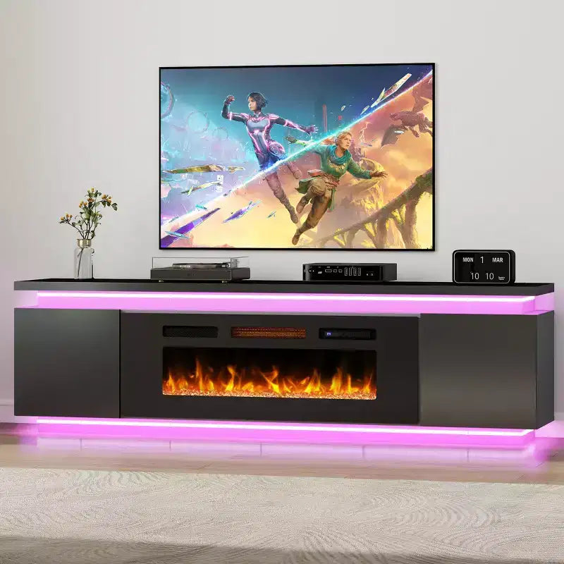 Skyzoo Elektrischer Kamin-TV-Ständer für Fernseher bis 80 Zoll mit LED-Beleuchtung & 4 Wechselstromsteckdosen, TV-Konsole für das Wohnzimmer