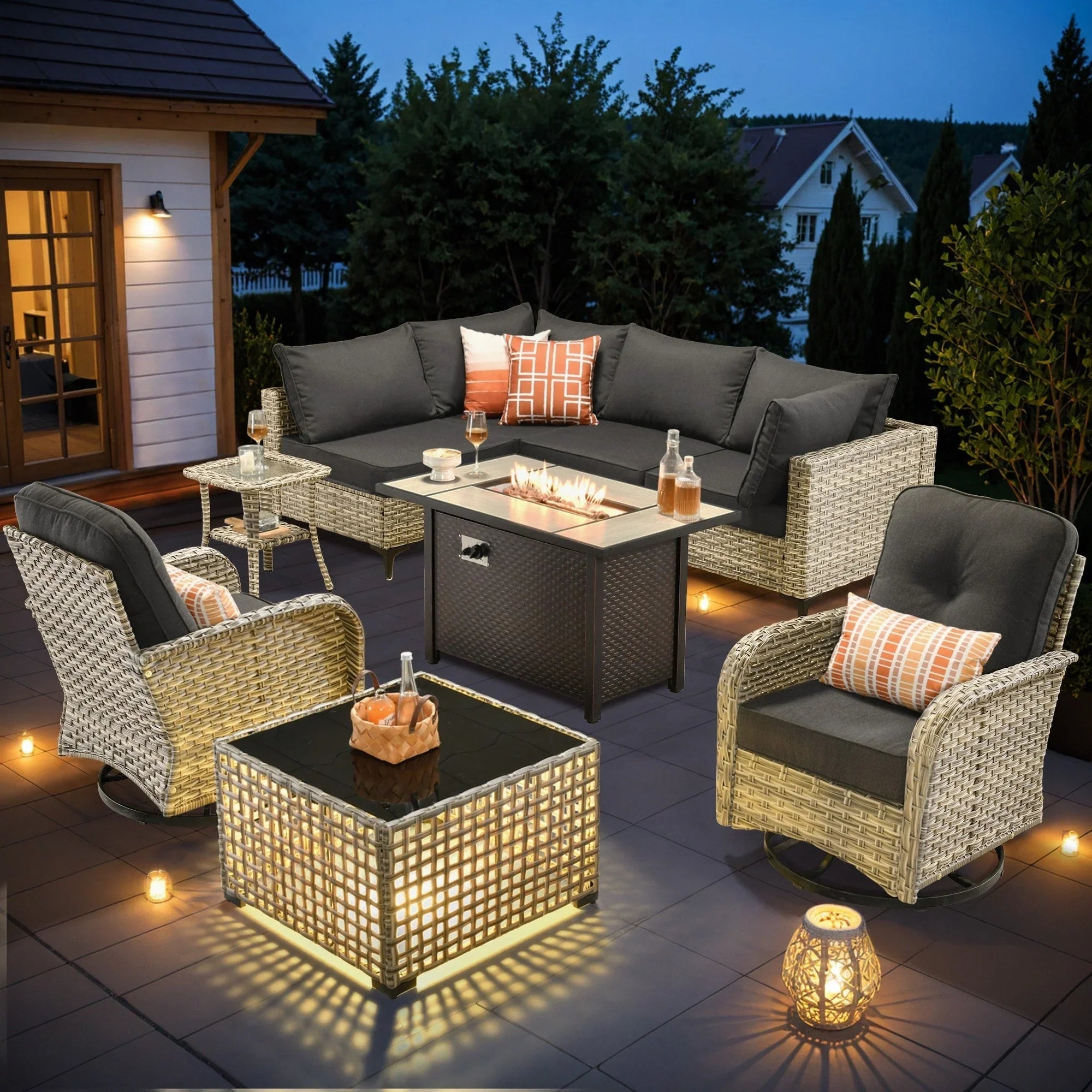 OVIOS 9-teiliges Gartenmöbel-Set aus Korbsessel und Feuertisch