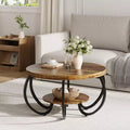 30 Zoll runder industrieller Couchtisch, 2-stöckig mit verstellbaren Füßen, Holzmaserungsablage, Flammendesign, einfache Montage, Wohnzimmer