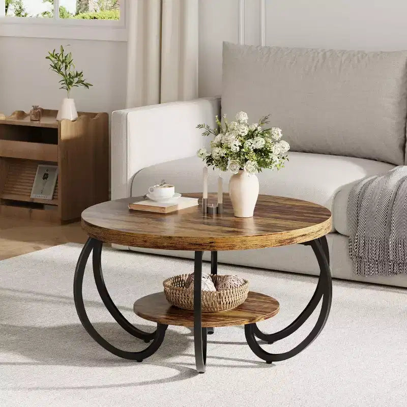 30 Zoll runder industrieller Couchtisch, 2-stöckig mit verstellbaren Füßen, Holzmaserungsablage, Flammendesign, einfache Montage, Wohnzimmer