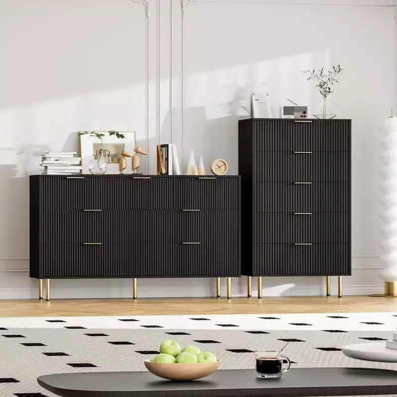 Weiß / Marmor & Holz Kommode mit 5 Schubladen – Geriffelte Platte, für 1 Person