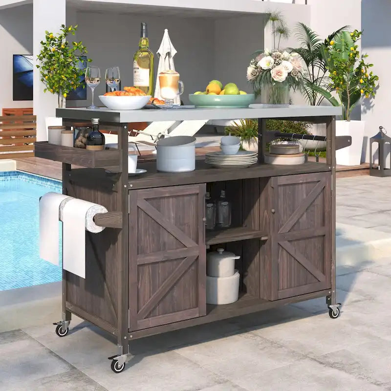 Outdoor-Kücheninsel, rollbarer Barwagen und Aufbewahrungsschrank, Massivholz-Grilltisch mit Edelstahlplatte, Gewürzregal, Handtuchhalter