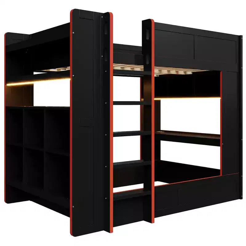Holz-Gaming-Etagenbett in voller Größe mit integriertem Schreibtisch, Ablageregalen, 7-farbiger LED-Beleuchtung und Ladestation, Schwarz - ModernLuxe