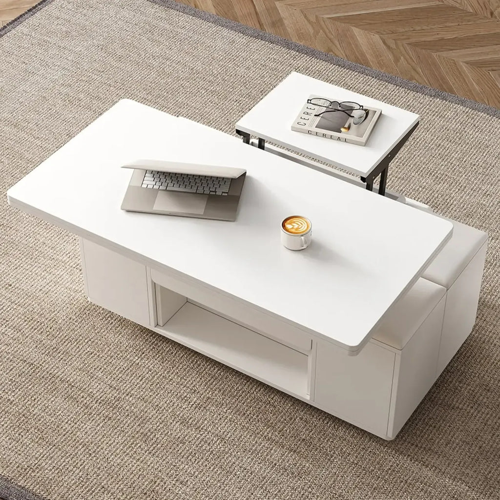 Klappbarer Couchtisch mit Liftfunktion, 4 Hockern und Stauraum
