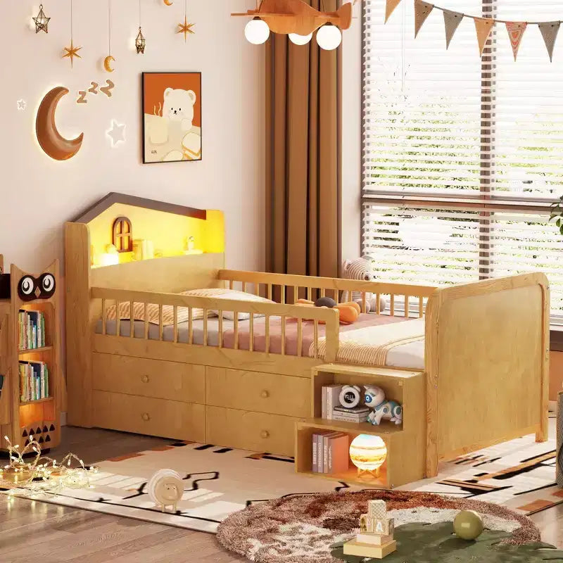 Whisen niedriges Etagenbett mit LED-Beleuchtung, Kopfteil in Hausform und Aufbewahrungsschubladen, solide Konstruktion