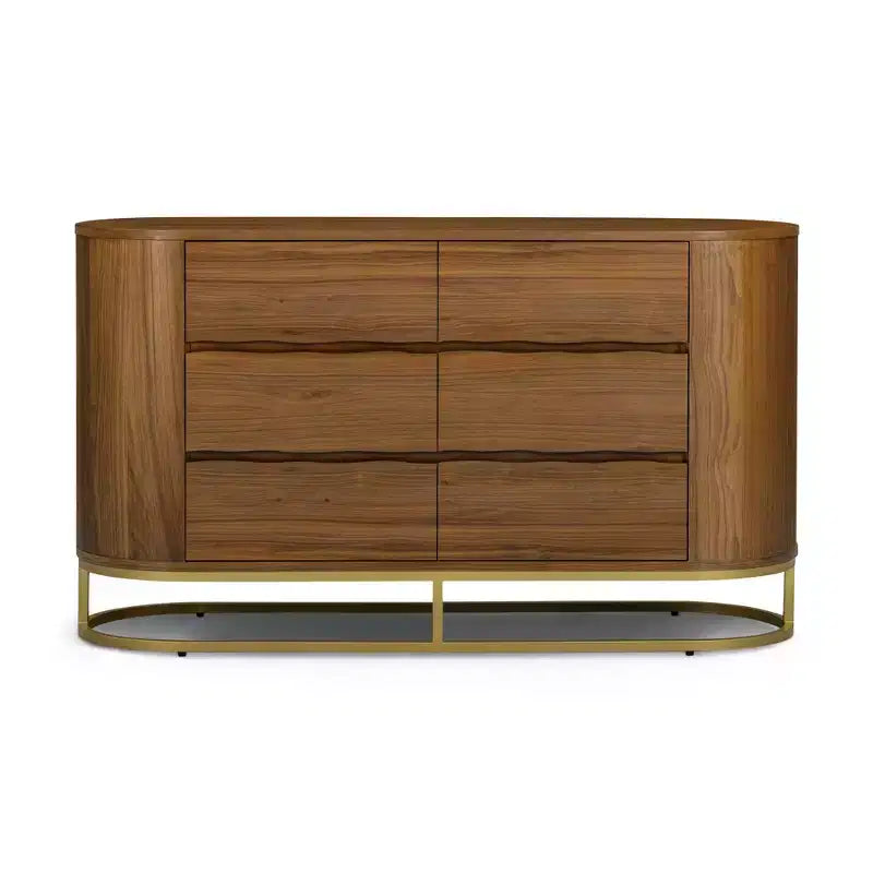 Moderne Kommode mit 6 Schubladen, Baumkanten-Design, Metallgestell und langlebiger Massivholzkonstruktion
