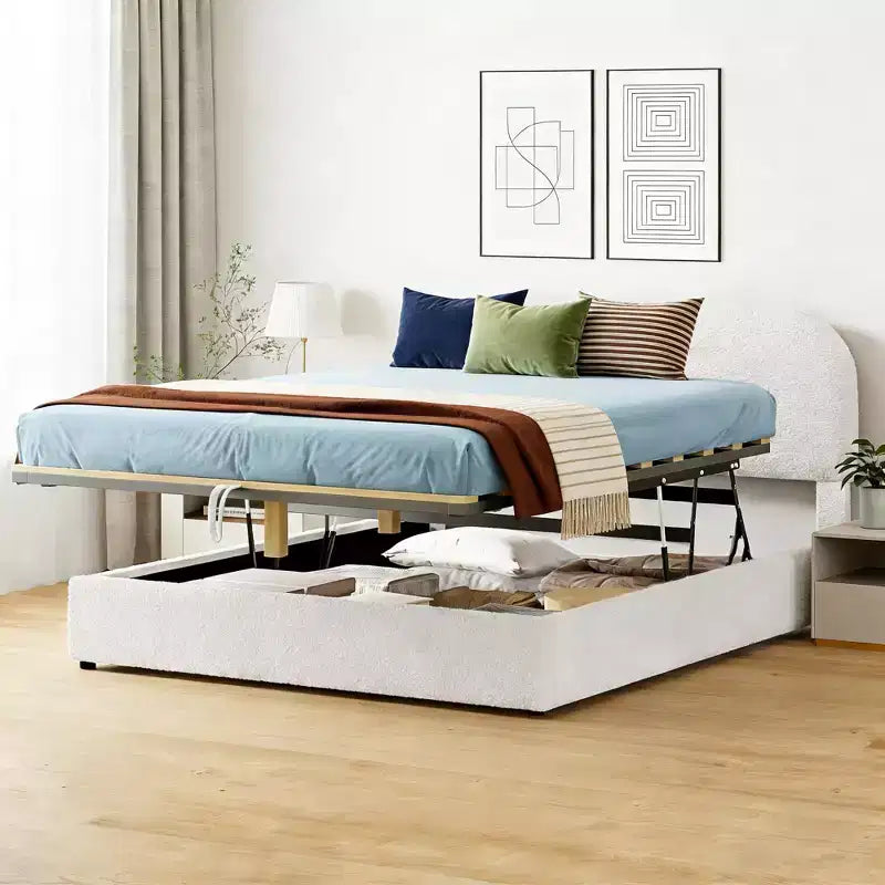 Gepolstertes Bett in Queensize-Größe mit Lift-Up-Stauraum – Weiß