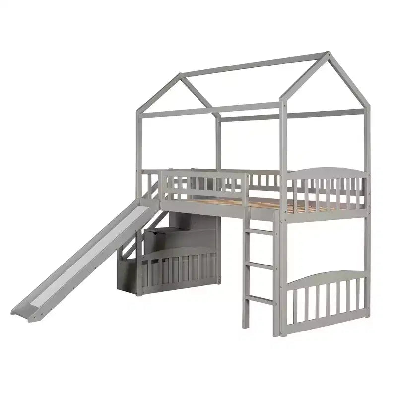 Doppelhaus-Hochbett mit Rutsche und Treppe, Hochbett mit Aufbewahrungsschubladen, Holzhaus-Hochbett für Kinder und Kleinkinder