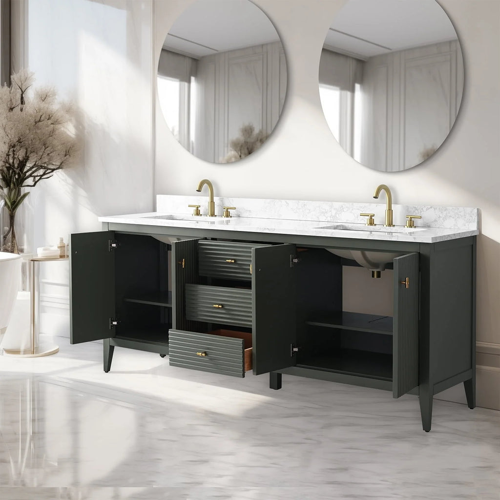 Vanity Art 72 Zoll Badezimmer-Waschtischunterschrank mit Doppelwaschbecken und Kunstmarmorplatte