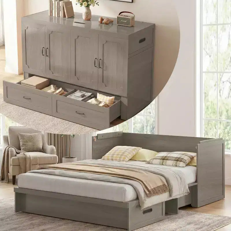 Mjkone Queen-Size-Schrankbett mit Matratze, USB-Ladeanschluss und Aufbewahrungsschubladen