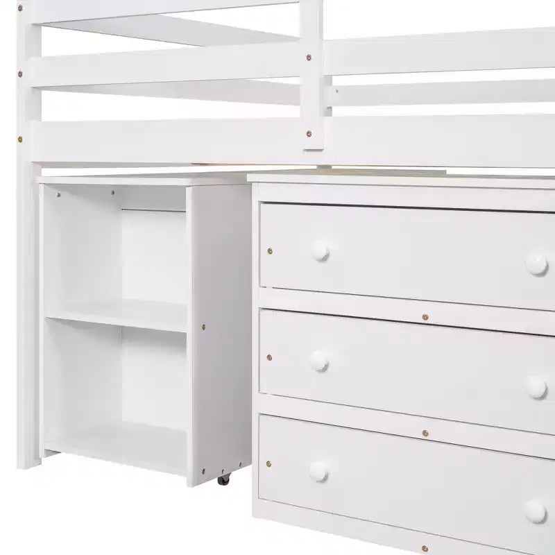Niedriges Hochbett in voller Größe mit Rollschreibtisch, 3 Schubladen und Regalen