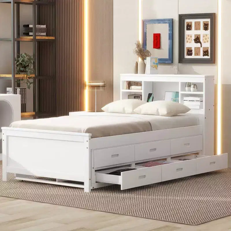 Plattformbett mit Rollbett und Schubladen, Stauraumbett mit USB-Anschluss, Holzbett mit Bücherregal