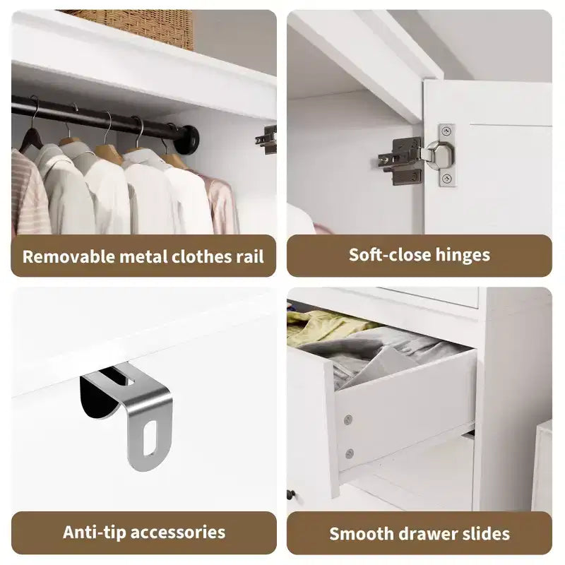 COZONY Kleiderschrank mit 3 Schubladen und 2 Türen, moderner Holzschrank für Schlafzimmer, robuster weißer Stehschrank