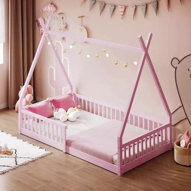 Bodenbett für Kinder, Zeltbetten in Doppelbettgröße, Montessori-Bodenbett mit Lattenrost und Zaungeländer, Holz-Hausbettgestell für Jungen und Mädchen