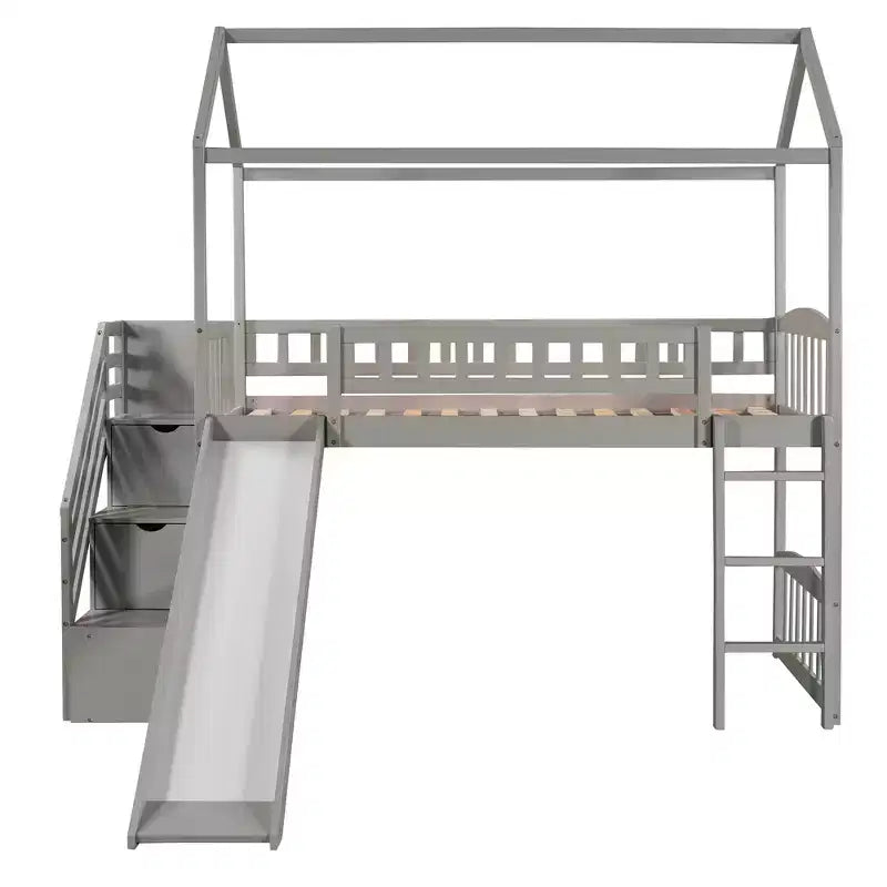 Doppelhaus-Hochbett mit Rutsche und Treppe, Hochbett mit Aufbewahrungsschubladen, Holzhaus-Hochbett für Kinder und Kleinkinder