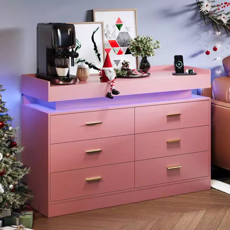 Moderner TV-Schrank mit 6 Schubladen & LED-Beleuchtung, schwebende Arbeitsplatte als Kaffeebar für Wohnzimmer Entertainment Center