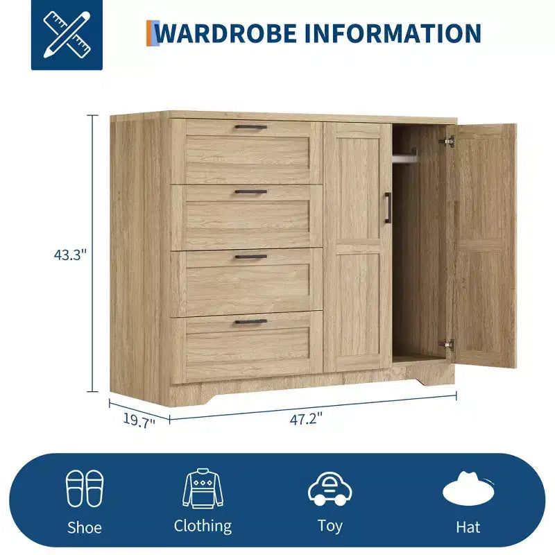 43,3 H Kleiderschrank mit 4 Schubladen und Kleiderstange, multifunktionaler Schlafzimmer-Aufbewahrungsschrank Kommode