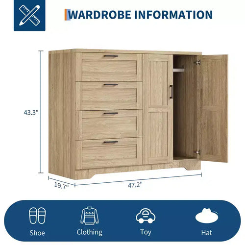 43,3 H Kleiderschrank mit 4 Schubladen und Kleiderstange, multifunktionaler Schlafzimmer-Aufbewahrungsschrank Kommode