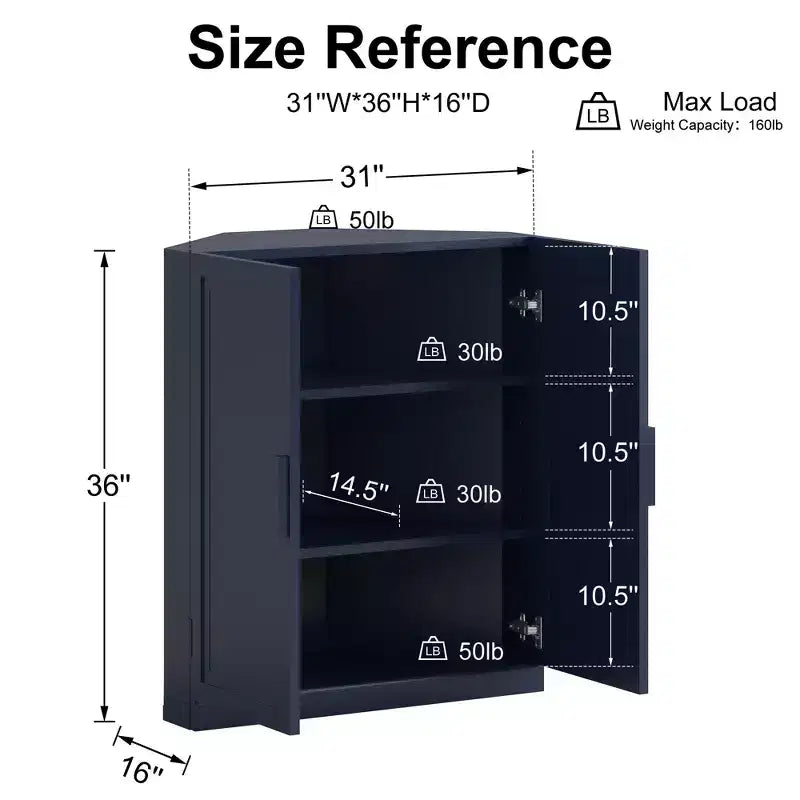 Dovelina Eckschrank mit verstellbaren Einlegeböden, Anrichte, Buffet, Weinschrank, Küchen- und Esszimmerschrank mit Holztüren – 31H x 31W, 36H x 31W