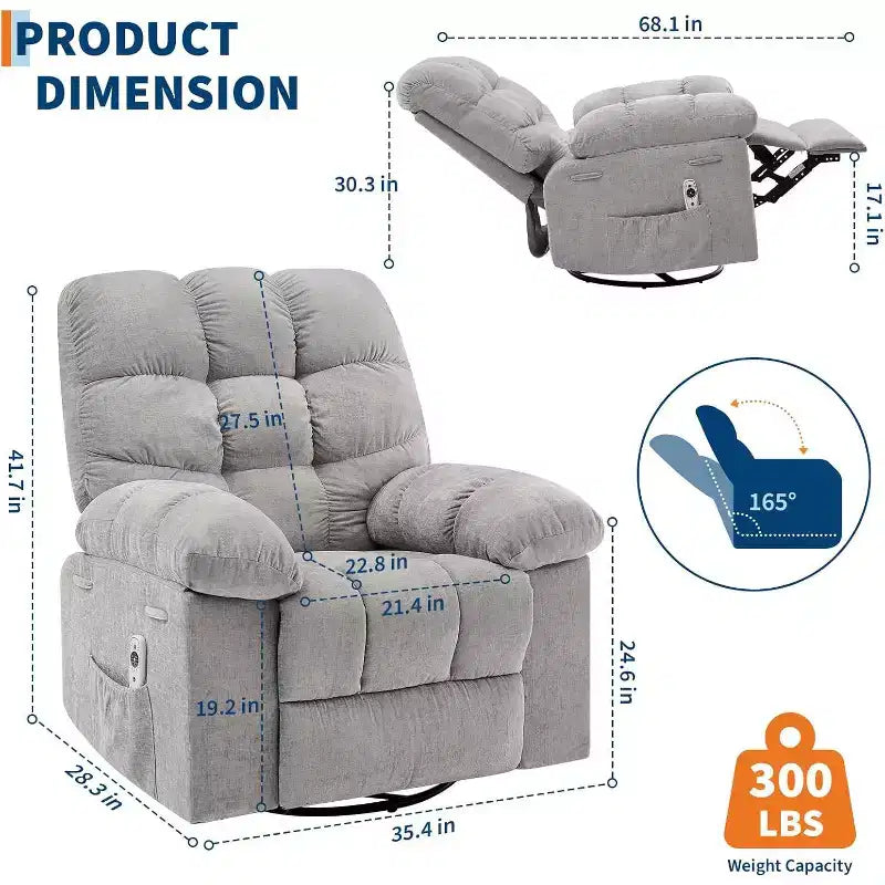 Massage-Liegesessel mit Heizfunktion – 360° drehbarer Schaukelstuhl, überdimensioniertes Einzelsitzer-Sofa mit Vibration, USB-Anschluss und Aufbewahrungstaschen für Wohnzimmer/Schlafzimmer