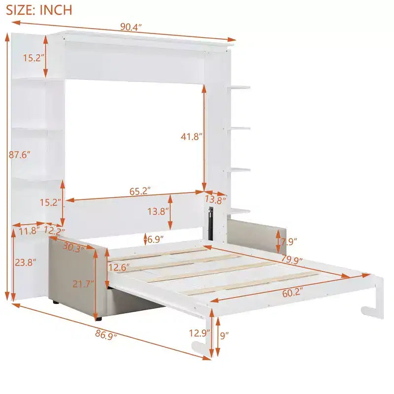 Queen Murphy-Bett Schrankbett mit Sofa, Queen-Size-Schrankbett Klappbett mit Bücherregal und Ablagen für Gästezimmer Büro