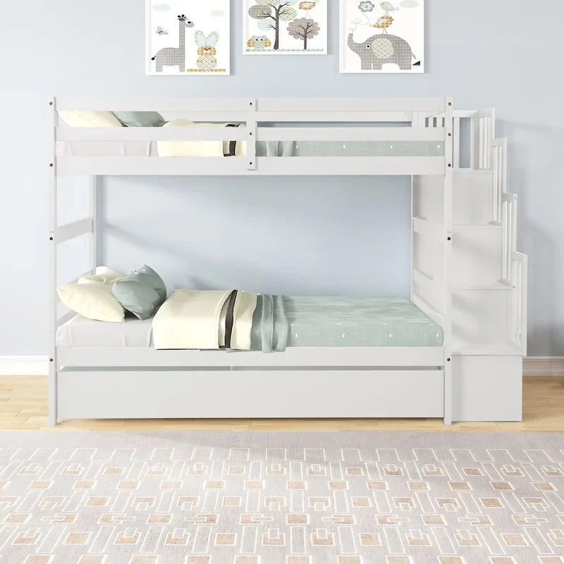 Etagenbett (Twin über Twin) mit ausziehbarem Bett und Treppe mit Stauraum in Grau