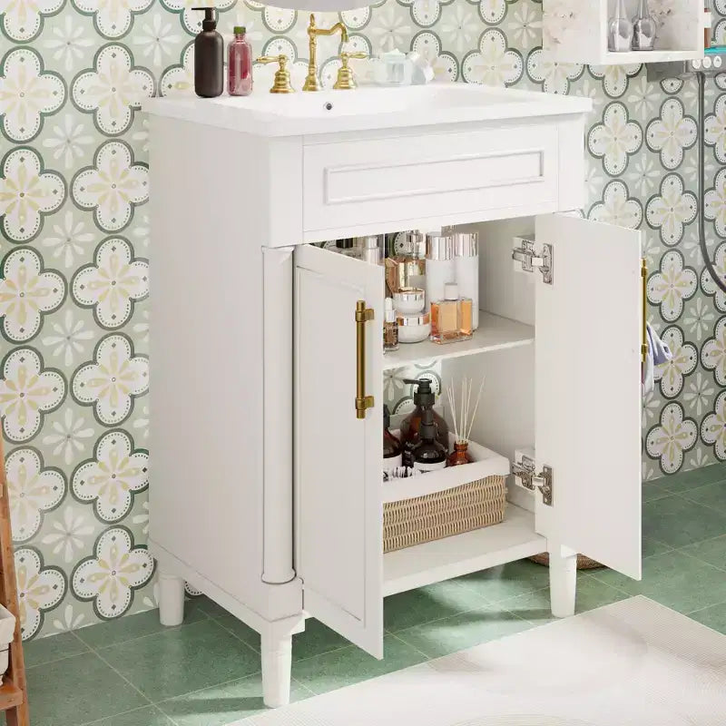 24-Zoll-Badezimmerwaschtisch mit Keramikwaschbecken, Shaker-Schrank, 2 Soft-Close-Türen, Massivholzrahmen für kleines Bad oder Gästetoilette