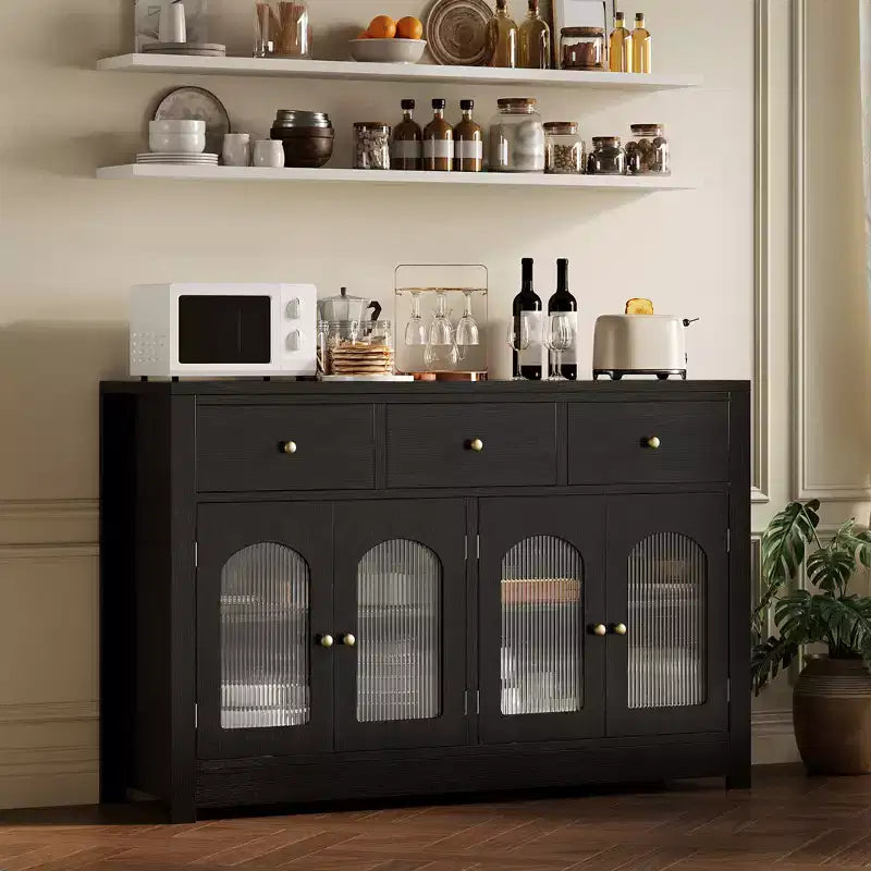 55 Zoll großer Vorratsschrank, schmales Buffet-Sideboard mit 3 Schubladen und 4 Türen für Küche, Esszimmer, Wohnzimmer