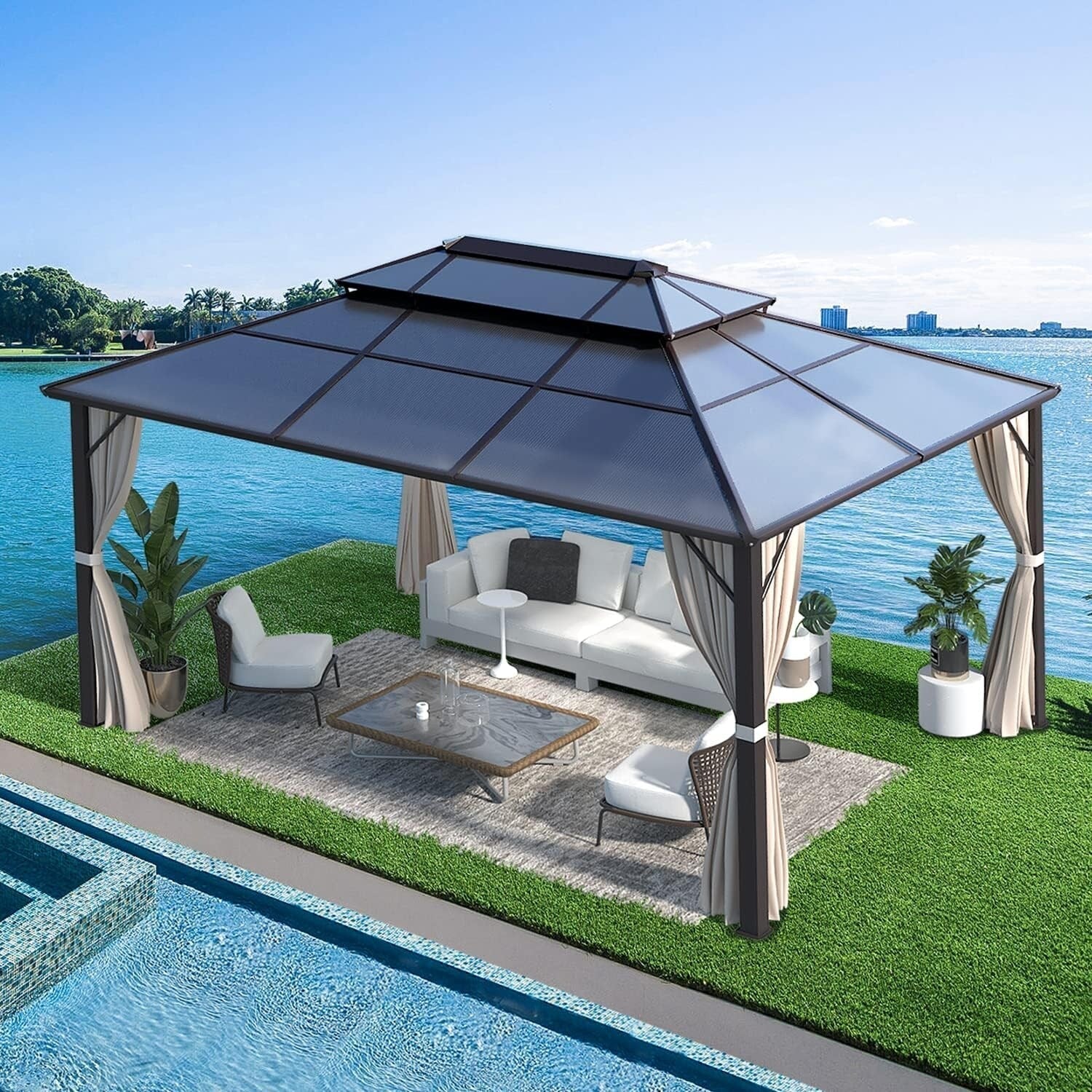 EROMMY Hardtop-Pavillon, Outdoor-Pergola mit Doppeldach & Netzen & Vorhängen, Hochleistungs-Canopy für Terrasse, Garten, Poolparty