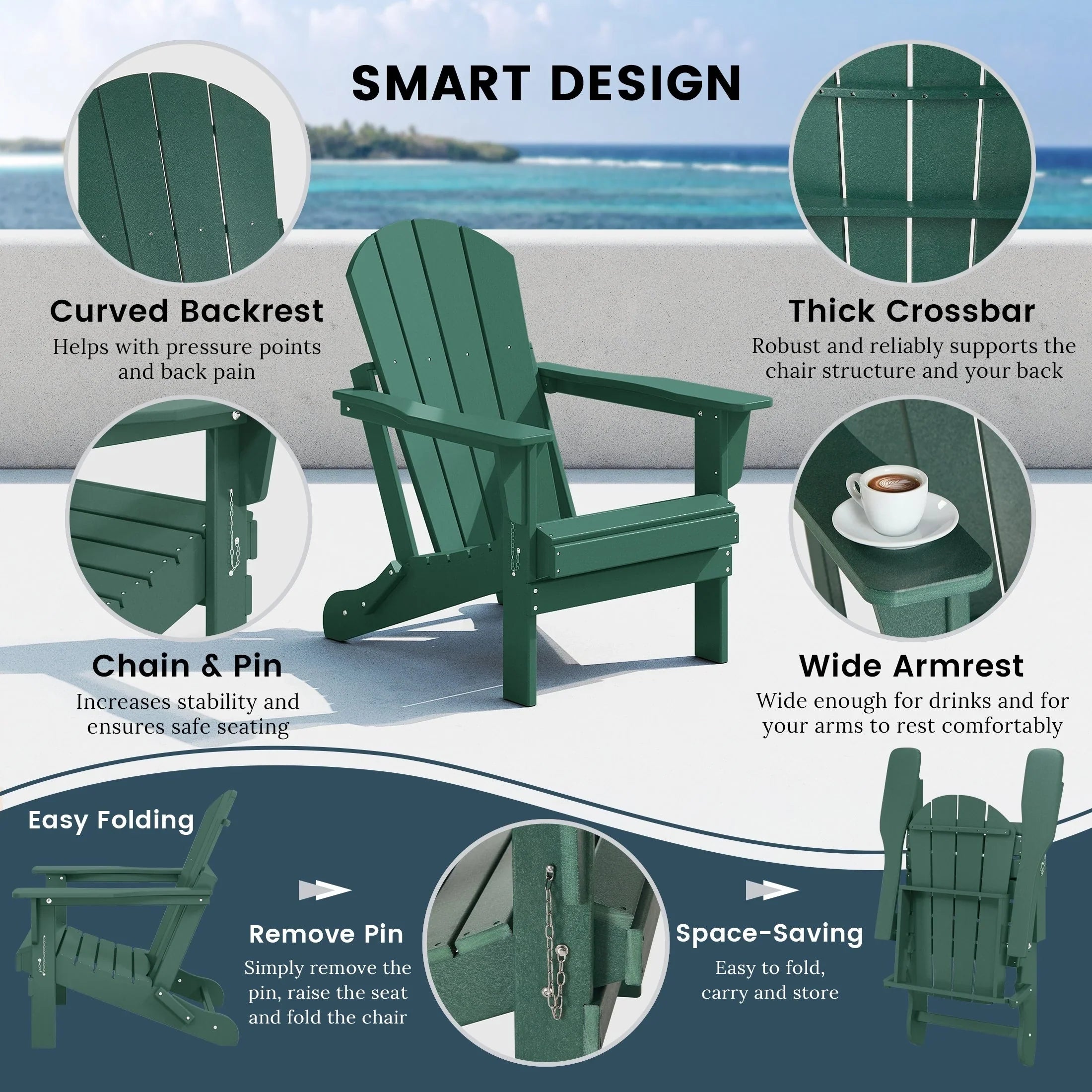 Polytrends Laguna Faltbarer Adirondack-Stuhl für den Außenbereich, wetterfest und lichtbeständig