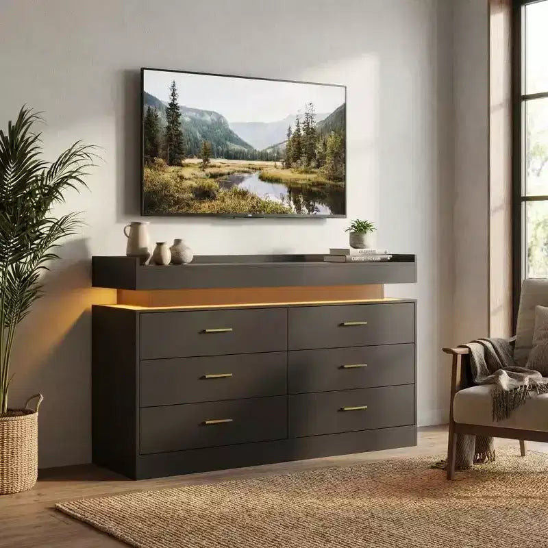Moderner TV-Schrank mit 6 Schubladen & LED-Beleuchtung, schwebende Arbeitsplatte als Kaffeebar für Wohnzimmer Entertainment Center