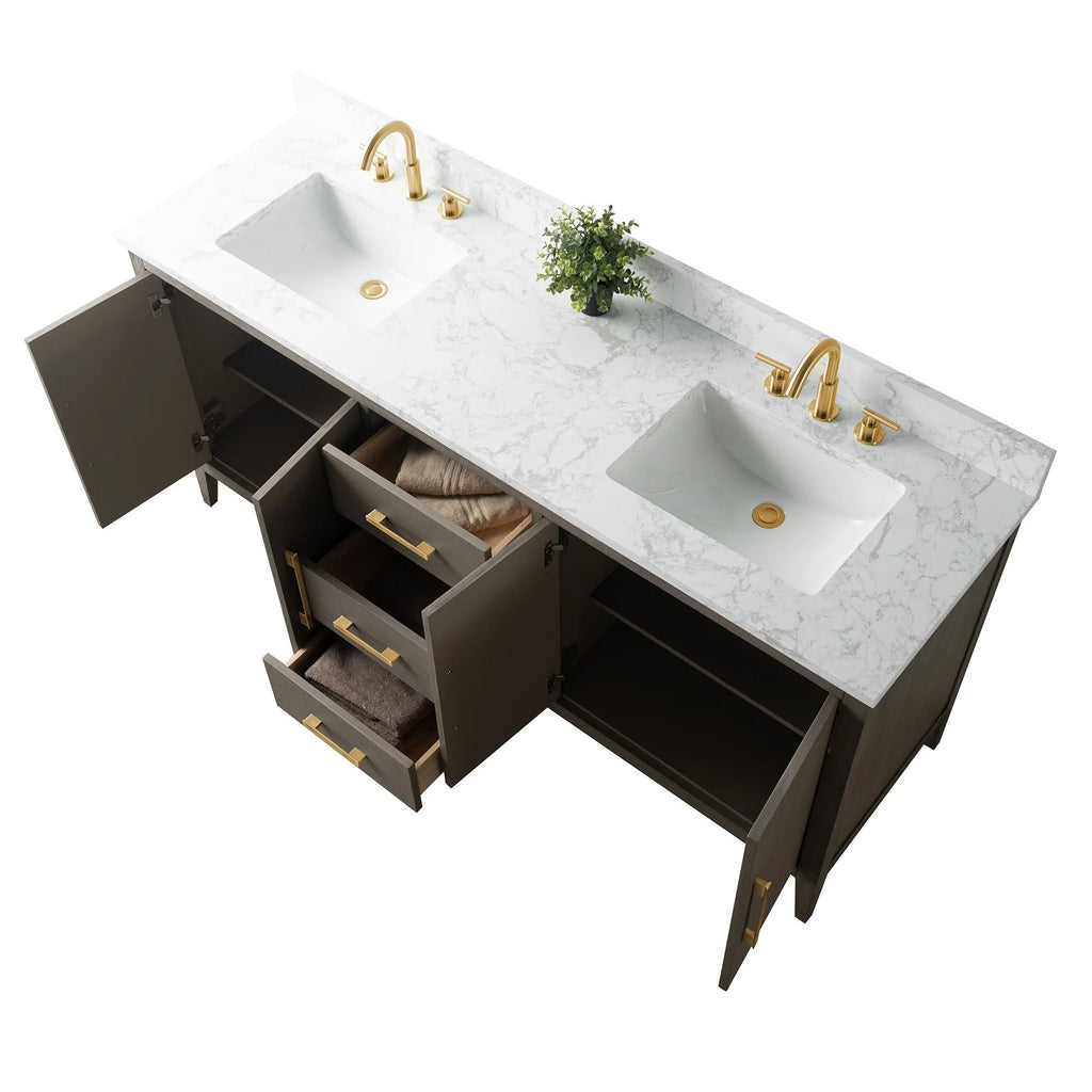 Vanity Art 72 Zoll Badezimmer-Waschtischunterschrank mit Doppelwaschbecken und Kunstmarmorplatte