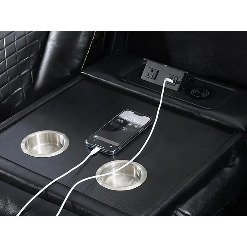 Elektrisches Relaxsofa mit kabellosem Ladegerät, Leselampe für das Wohnzimmer, Kunstleder-LED-Beleuchtung, AC/USB-Anschluss, Getränkehalter, Schwarz