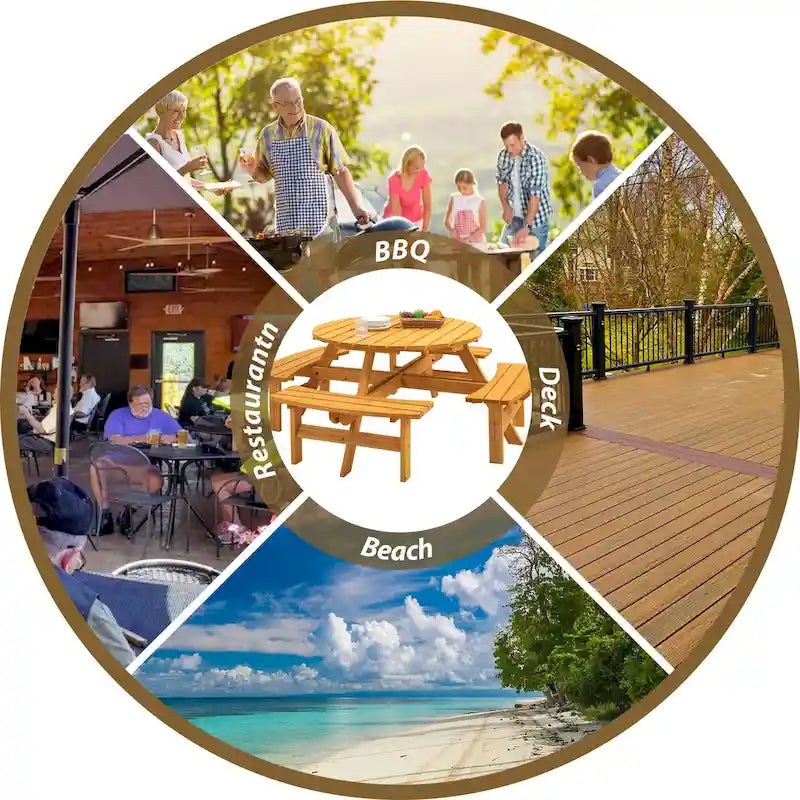 8-Personen Outdoor-Picknick-Esstisch-Garnitur aus Tannenholz, rund, mit 4 integrierten Bänken und Sonnenschirmloch