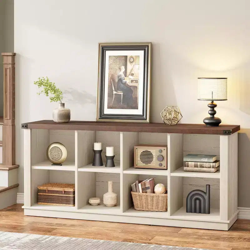 8 Würfelregal, Bücherregal im Landhausstil, 157,5 cm langes Holzregal für den Eingangsbereich, langes, niedriges Bücherregal für das Wohnzimmer