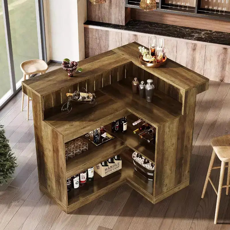 Lantine L-förmige Hausbar, 4-stöckiger Eck-Barmöbel mit Ablagefächern und Weinglashalter für die Hausbar