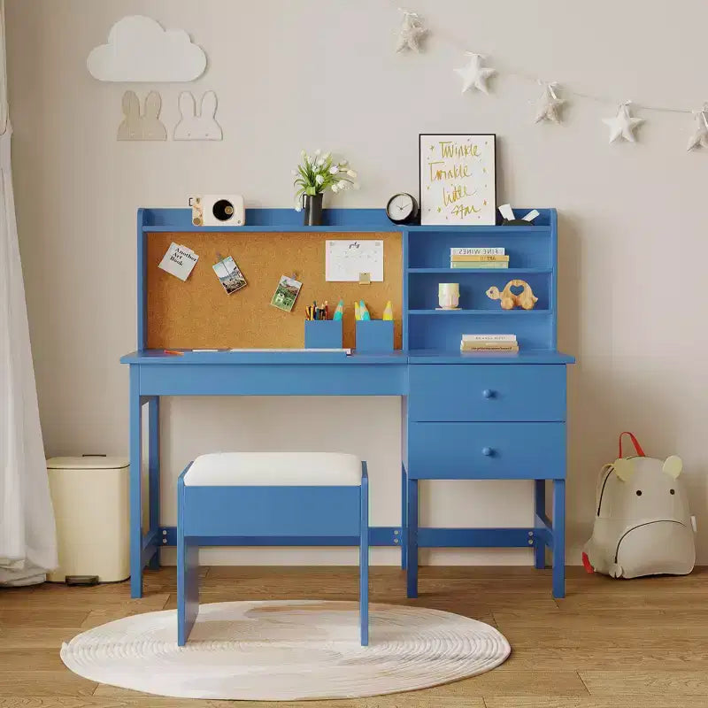 Kinder Schreibtisch und Stuhl Set, Holz Lerntisch mit verstellbarer Neigungsplatte, Schubladen & Korktafel - Schul-Lernschreibtisch Set für Kinder