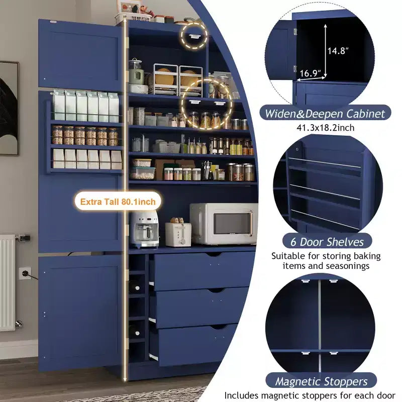 Hoher Küchenschrank mit Steckdosen, großer freistehender Schrank mit Mikrowellenständer, Schubladen, Regalen, Weinregalen und Türregal