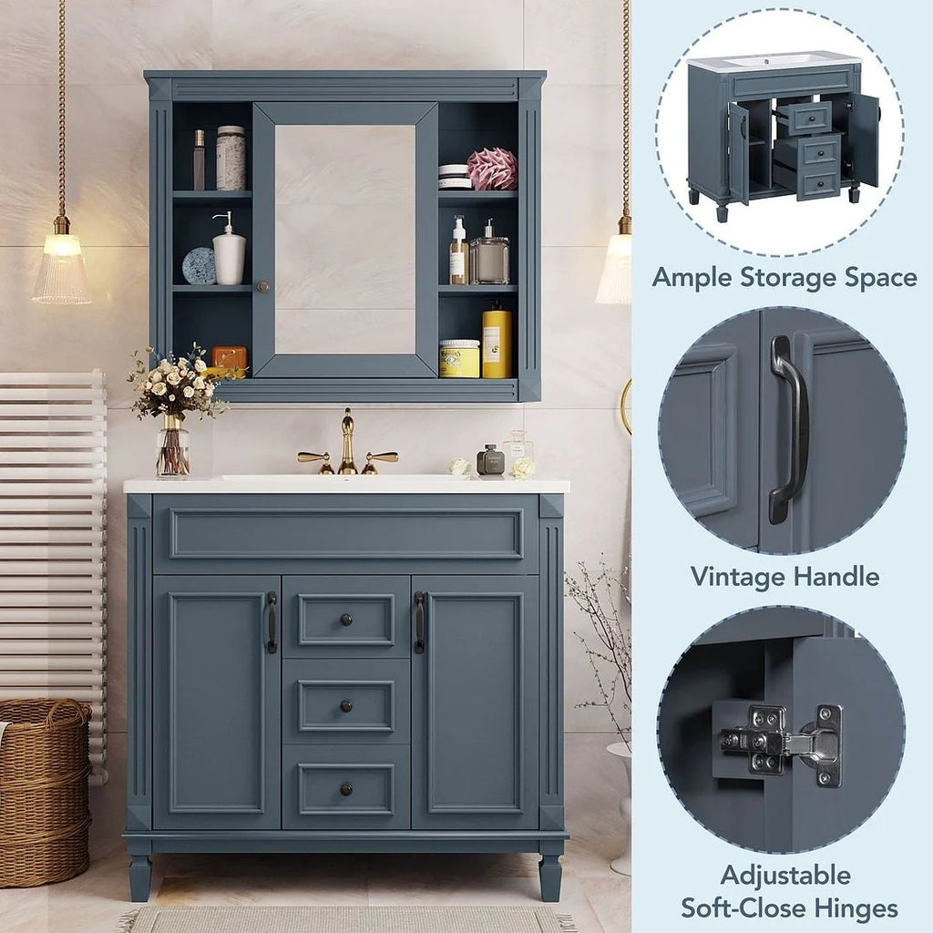 Moderner 36'' Badschrank mit Aufsatzwaschbecken und Spiegelschrank, 2 Türen und 2 Schubladen