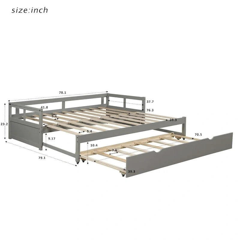 Ausziehbares Tagesbett mit Ausziehfunktion, Holztagesbett mit Ausziehfunktion
